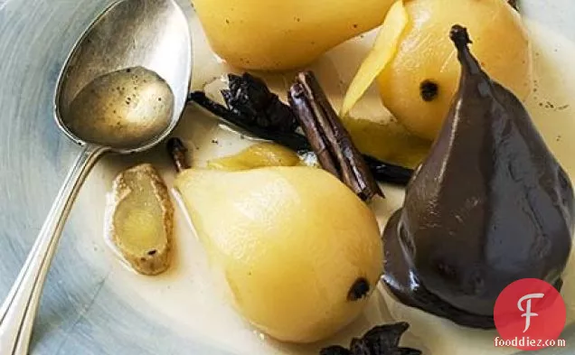 Spiced poached pears in chocolate sauce