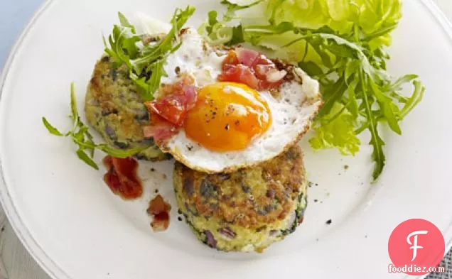 Bulgur & spinach fritters with eggs & tomato chutney