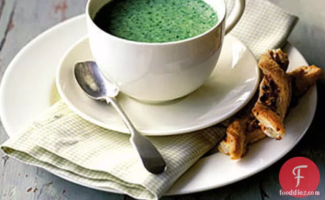 Watercress soup with blue cheese & cashew pastries