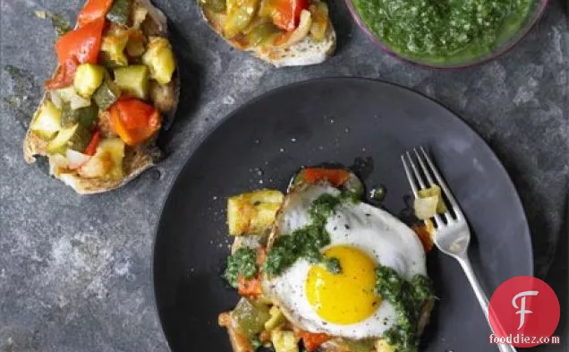 Braised summer vegetable pisto with emerald sauce & fried egg