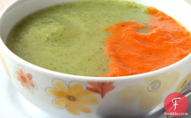 Zucchini and Fennel Soup with Roasted Red Pepper Puree