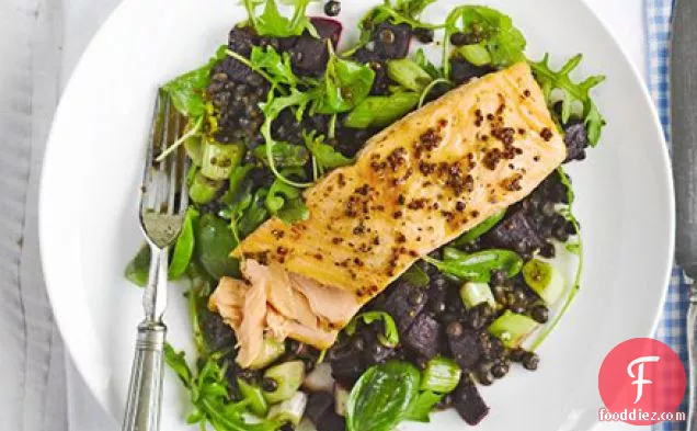 Honey mustard grilled salmon with Puy lentils