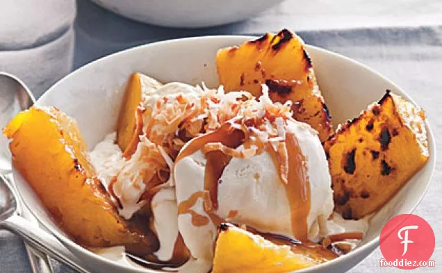 Broiled Pineapple with Bourbon Caramel over Vanilla Ice Cream