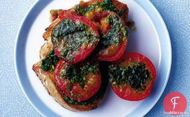 Grilled pesto tomatoes on toast
