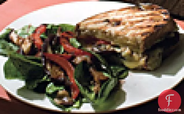 Eggplant, Red Pepper, and Fontina Panini with Spinach Salad