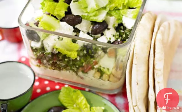Layered hummus, tabbouleh & feta picnic bowl
