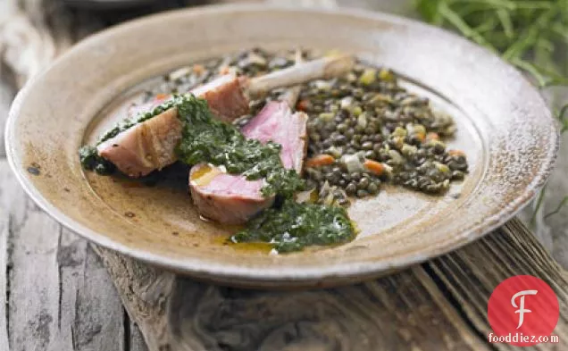 Rack of lamb with lentils & Jack-by-the-hedge sauce