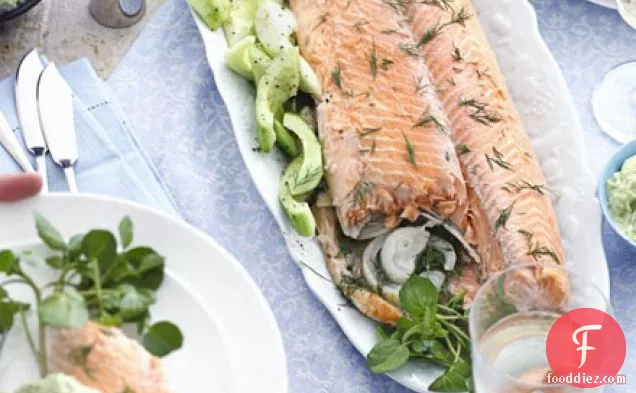 Foil-poached salmon with dill & avocado mayo