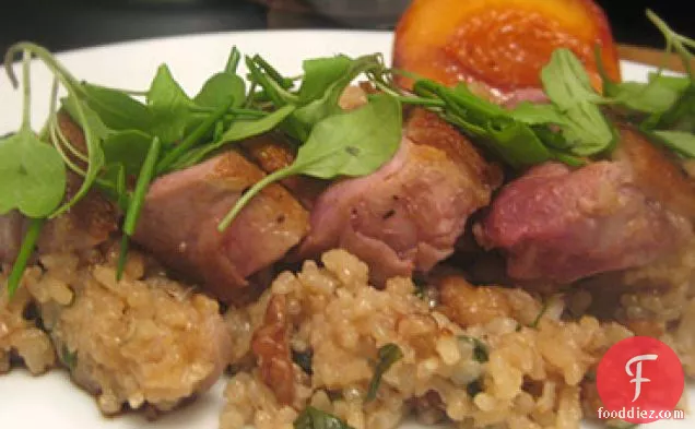 Duck Breast with Roasted Peaches and Walnut-Parsley Fried Rice