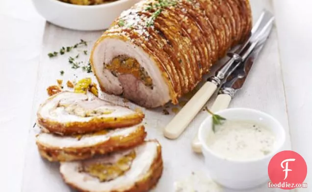 Rolled pork belly with herby apricot & honey stuffing