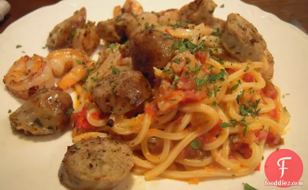 Pasta With Red Pepper Sauce, Sausage, And Shrimp