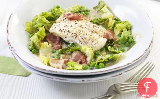 Cod with bacon, lettuce & peas