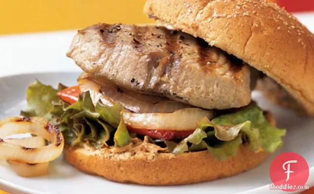 Grilled Tuna Sandwiches with Onions, Bell Peppers, and Chile-Cilantro Mayonnaise