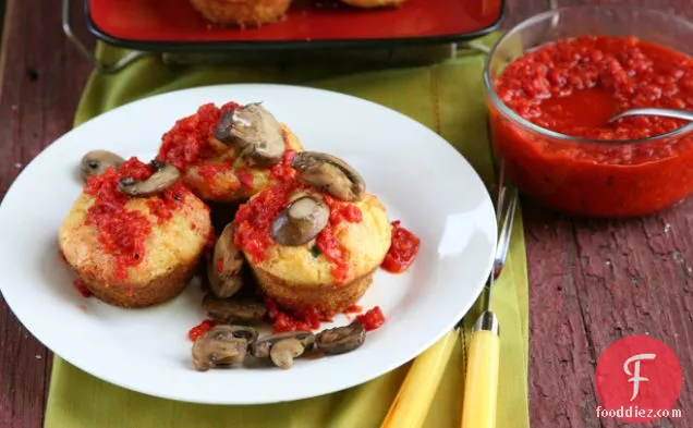 Cheesy Zucchini Corn Muffins With Mushrooms And Red Pepper Sauce
