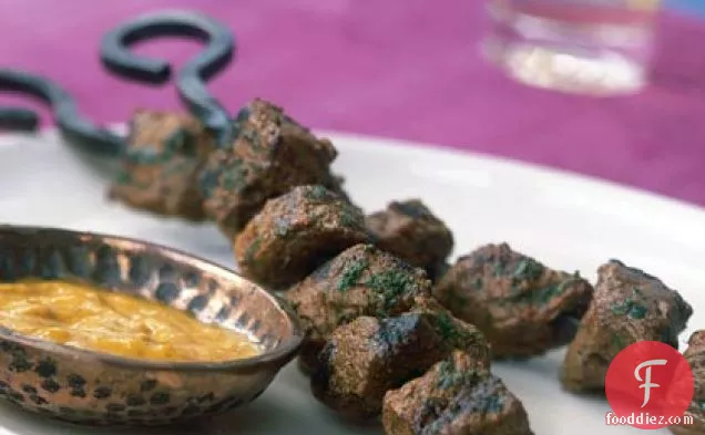 Anticuchos with Roasted Yellow Pepper Sauce (Peruvian Beef Kebabs)