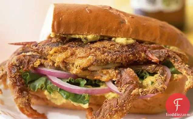 Cajun-Spiced Soft-Shell Crab Sandwich with Yellow Pepper and Caper Aioli