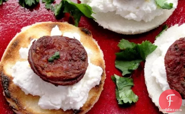 Arepa Chips with Chorizo and Queso Fresco