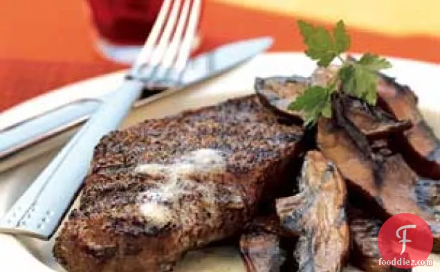 Pepper-Crusted Steaks with Worcestershire-Glazed Portobellos