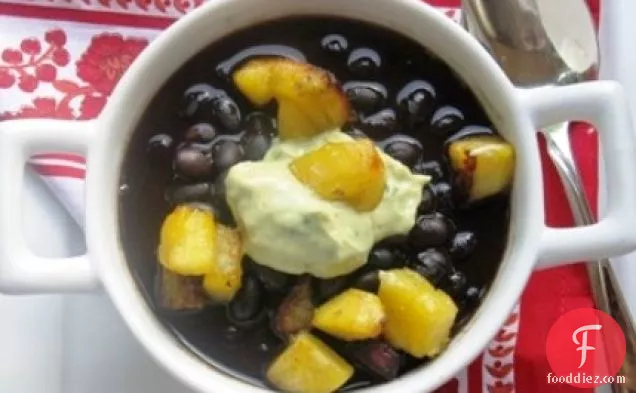Black Bean Soup with Sweet Plantain and Avocado-Cumin Cream
