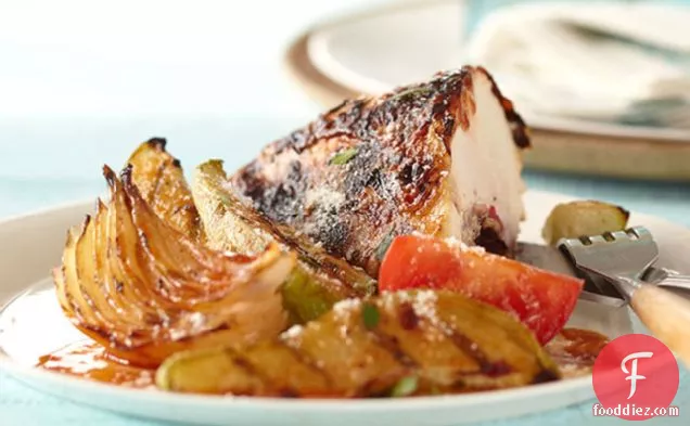 Chipotle Chicken with Chayote, Onion & Tomato Toss