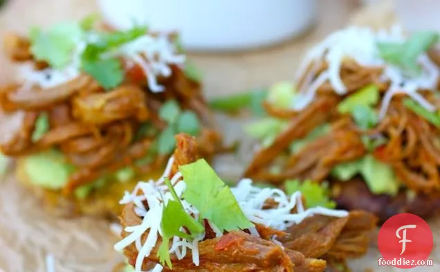 Patacones con Carne Desmechada (Fried Green Plantains with Shredded Beef)
