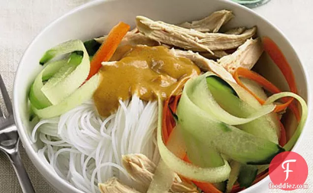 Peanut Butter and Chicken Noodles With Carrot and Cucumber Ribbons