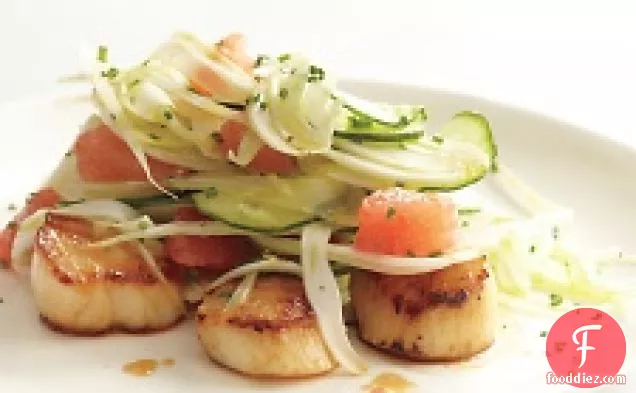 Seared Scallops With Shaved Fennel, Cucumber, And Grapefruit