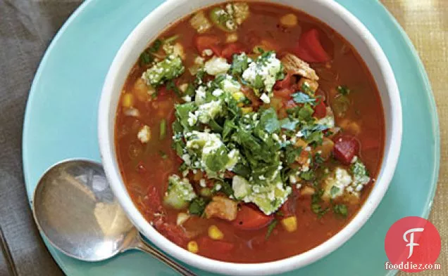 Chili-Spiced Chicken Soup with Stoplight Peppers and Avocado Relish