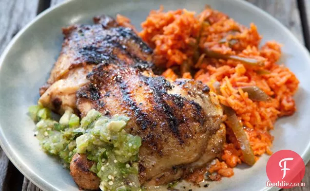 Cumin-Crusted Chicken Thighs with Grilled Tomatillo Salsa