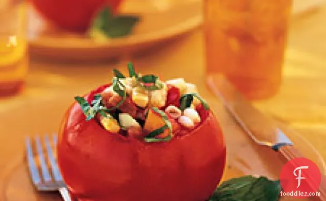 Stuffed Tomatoes With Peaches, Corn, Cucumbers, And Basil