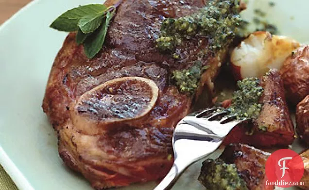 Pan-Grilled Lamb with Walnut-Mint Pesto