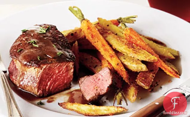 Beef Filets with Red Wine Sauce and Roasted Veggie Fries