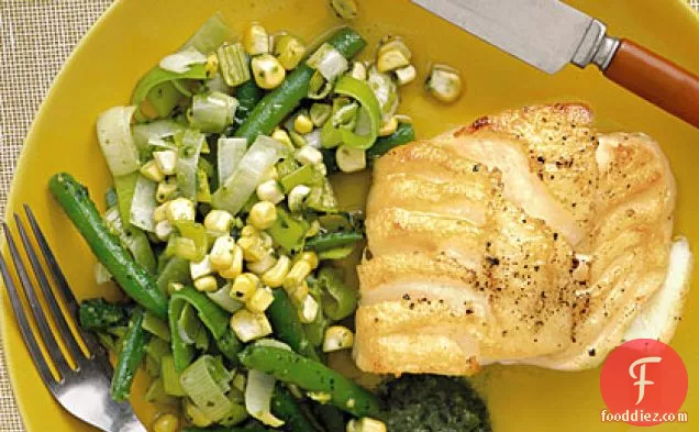 Cod with Beans, Corn, and Pesto