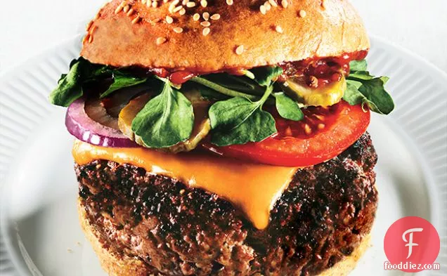 Triple-Beef Cheeseburgers with Spiced Ketchup and Red Vinegar Pickles