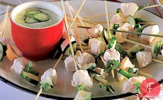 Celestial Chicken, Mint, and Cucumber Skewers with Spring Onion Sauce