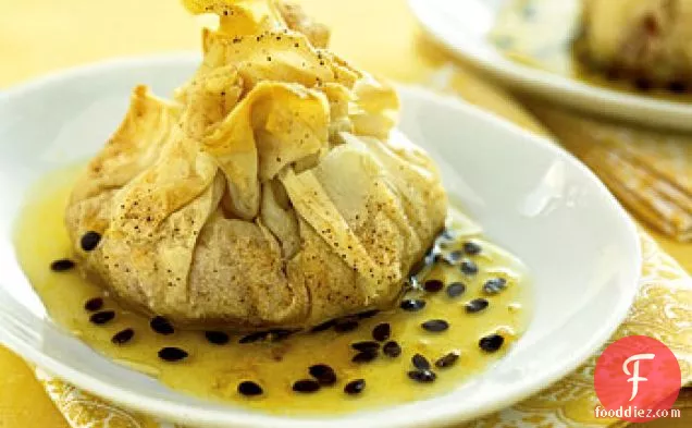 Guava and Manchego Phyllo Pouches with Passion Fruit Syrup