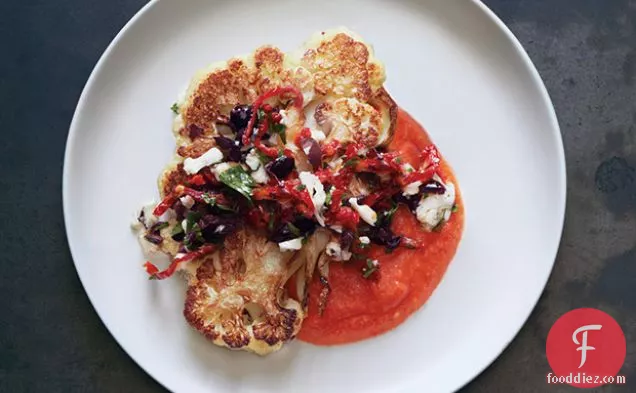 Cauliflower Steaks with Olive Relish and Tomato Sauce