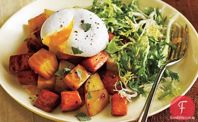 Two Potato and Beet Hash with Poached Eggs and Greens