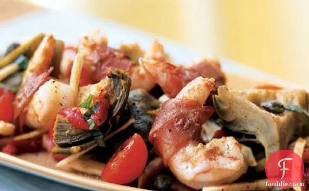 Prosciutto-Wrapped Shrimp on Artichoke, Fennel, and Tomato Salad