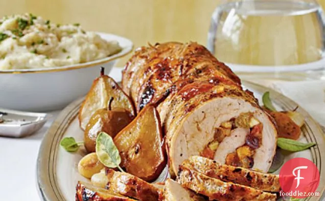 Spicy Fruit-Stuffed Pork Loin with Roasted Pears and Onions