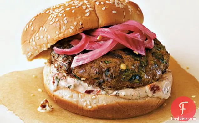 Spicy Poblano Burgers with Pickled Red Onions and Chipotle Cream