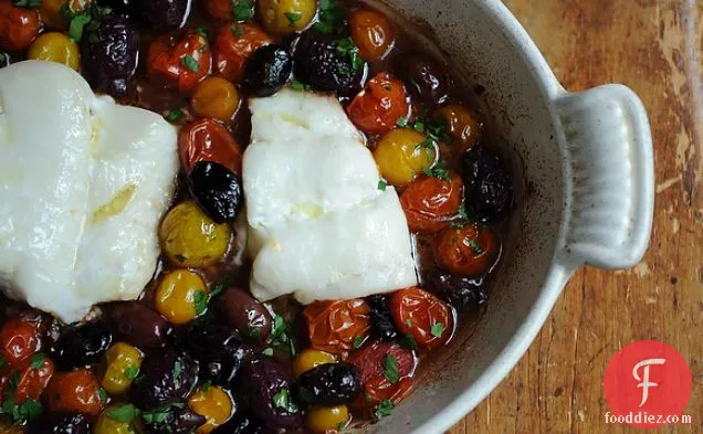 Roast Cod With Little Tomatoes And Assorted Olives