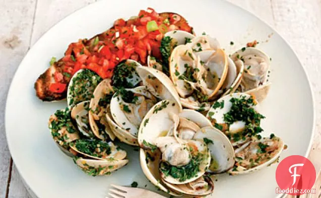 Ginger-and-Herb Pan-Grilled Clams with Tomato Bruschetta