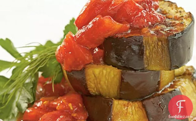 Olive Oil-Braised Eggplant with Fresh Tomato and Pomegranate Sauce
