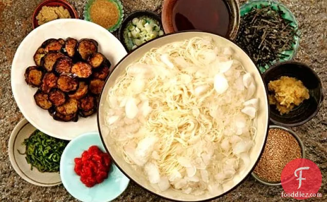 Iced Somen Noodles And Fried Eggplant With Soy-mirin Dipping Sauce