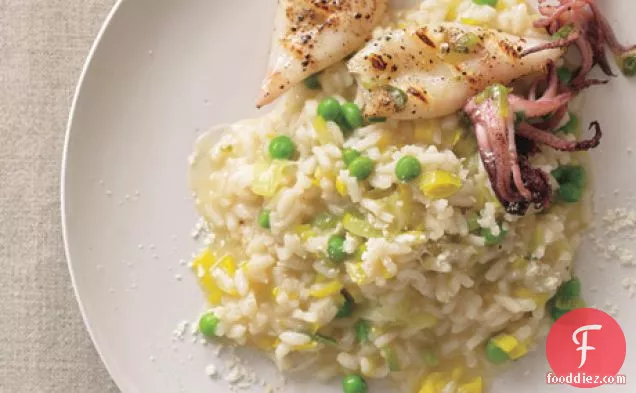 Leek and Pea Risotto with Grilled Calamari