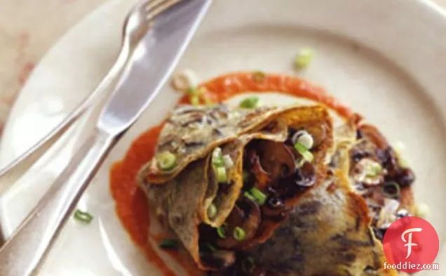 Scallion Wild Rice Crepes with Mushroom Filling and Red Pepper Sauce