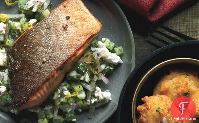 Arctic Char with Cucumber-Feta Relish and Jalapeño-Goat Cheese Hush Puppies
