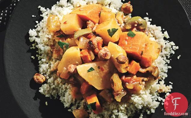 Root Vegetable Tagine with Sweet Potatoes, Carrots, Turnips, and Spice-Roasted Chickpeas