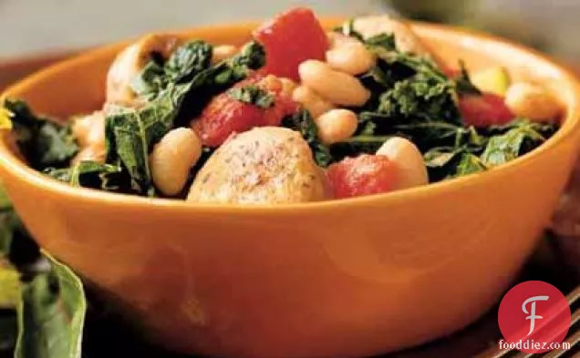 White Bean and Sausage Ragout with Tomatoes, Kale, and Zucchini